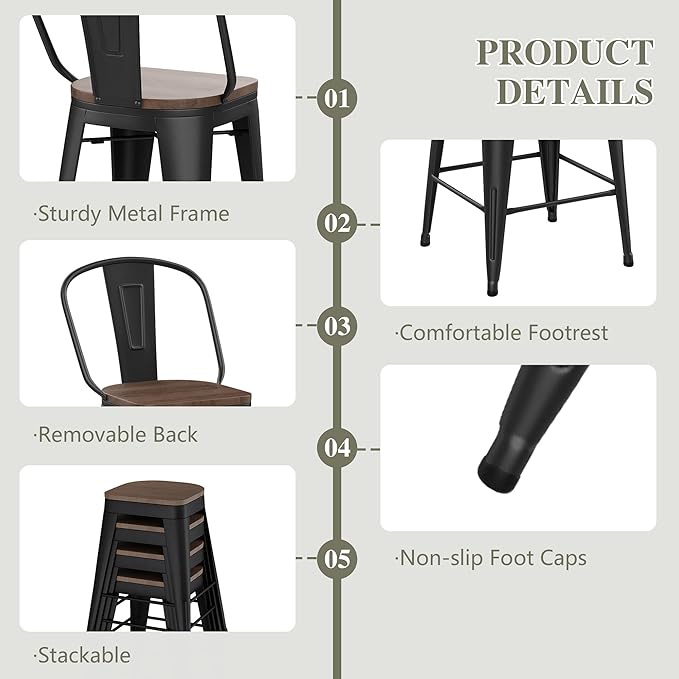 Yongqiang 30 inch Bar Stools Set of 4 Black Metal Bar Height Stools Modern Farmhouse Kitchen Island Barstools Bar Chairs with Large Wooden Seat, High Back