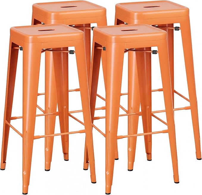 Shahoo 30 Inches Metal Bar Stools Counter Height Stackable Backless Stools, Industrial Patio Stools Indoor Outdoor Metal Kitchen Stools Set of 4 (Orange, 30'')