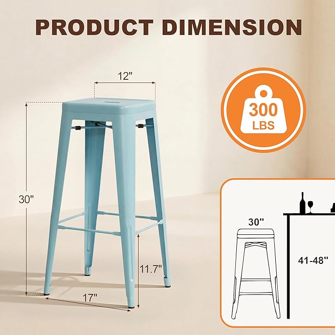 Shahoo 30 Inches Metal Bar Stools Counter Height Stackable Backless Stools, Industrial Patio Stools Indoor Outdoor Metal Kitchen Stools Set of 4 (Blue, 30'')