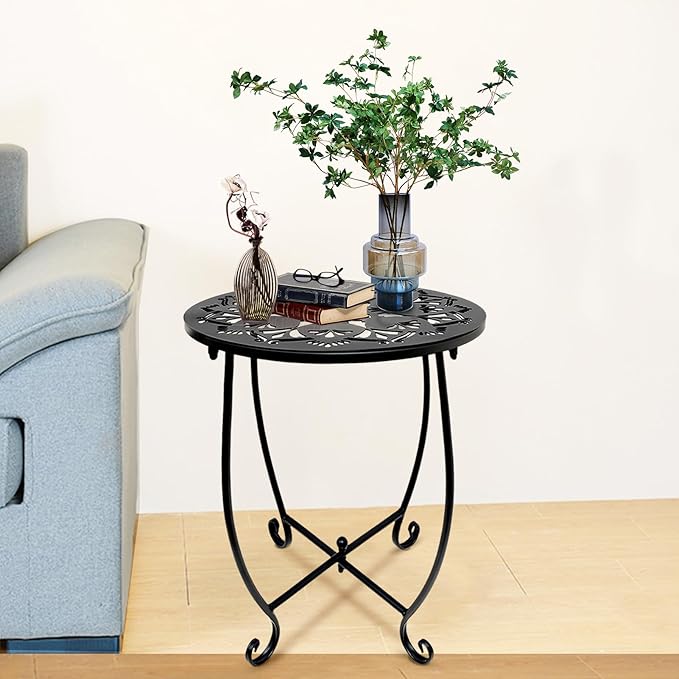 Fashion&cool Patio Side Tables, 14 Inch Weather Resistant Metal Outdoor Side Table for Halloween, Round End Table Side Table for Patio Yard Porch Balcony Garden Bedside, Plant Stand (Black)