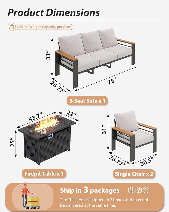 Aoxun Aluminum Outdoor Patio Furniture Set, 6-Piece Outdoor Sectional with 44'' Propane Gas Firepit Table, Patio Conversation Sets with Upgraded Armrests and Cushions for Backyard (Grey,5 Seats)