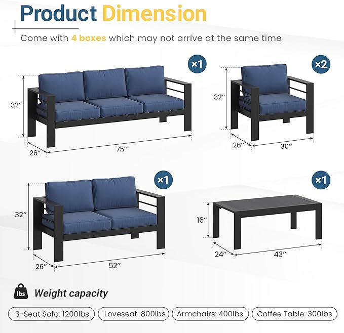 Solaste Aluminum Patio Furniture Set for All Weather, Modern Metal Outdoor Furniture Set with 27.5" Deep Seating and 3.2" Wide Armrest, Outdoor Patio Conversation Set with 10" Back Cushion, Blue