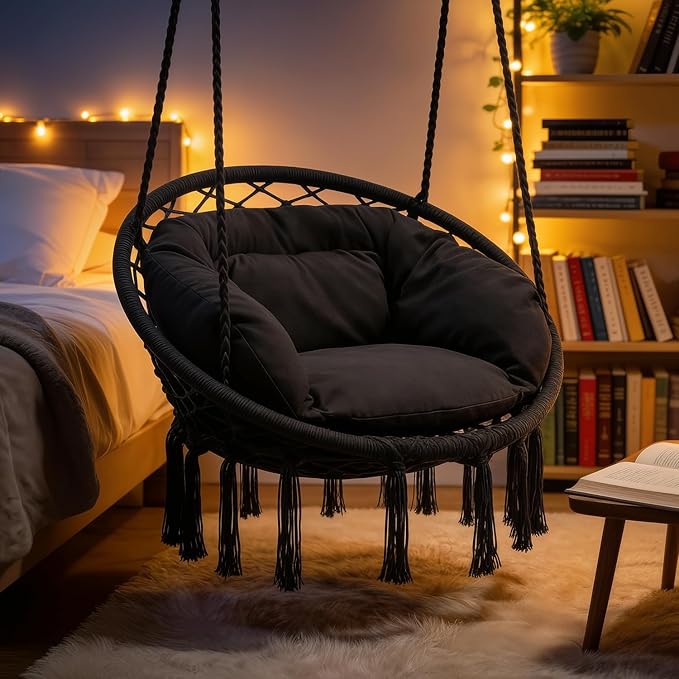 Monibloom Hanging Hammock Chair W/Large Padded Cushion, Macrame Swing Chair for Porch, Max 350 Lbs Capacity Hanging Swing for Adults & Teens, Comfy Hammock for Bedroom Relaxing Reading Napping, Black