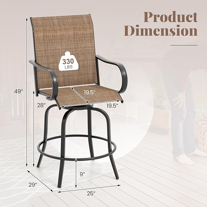 Giantex Set of 4 Swivel Outdoor Bar Stools, All-Weather Bar Height Patio Chairs, 330LBS Capacity, 360 Rotating Outside Bar Chairs with High Back Armrests, for Porch Yard Lawn Garden Pool (Brown)