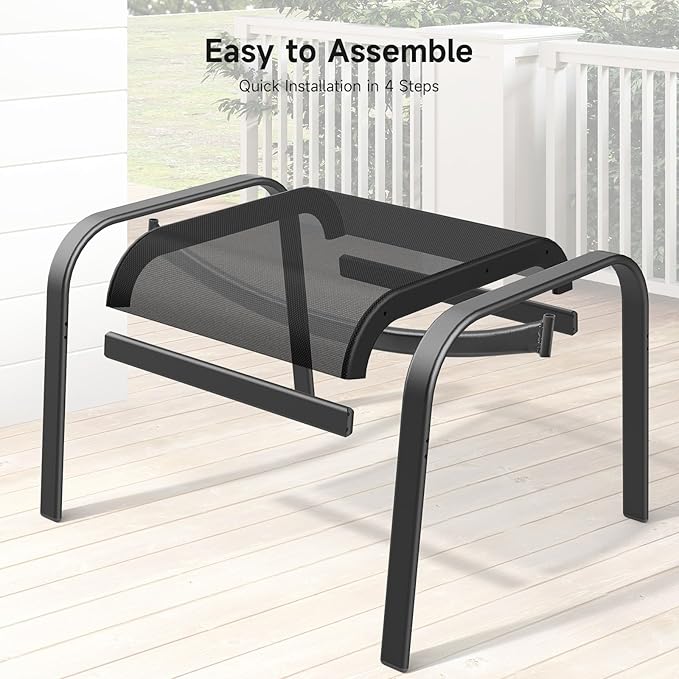 ONBRILL Outdoor Ottoman Foot Rest Set of 2, Textilene Fabric Outdoor Footstool with Tight Surface and Stable Metal Frame, Wide Use Outdoor Ottomans for Patio, Balcony, Poolside and Indoors, Black