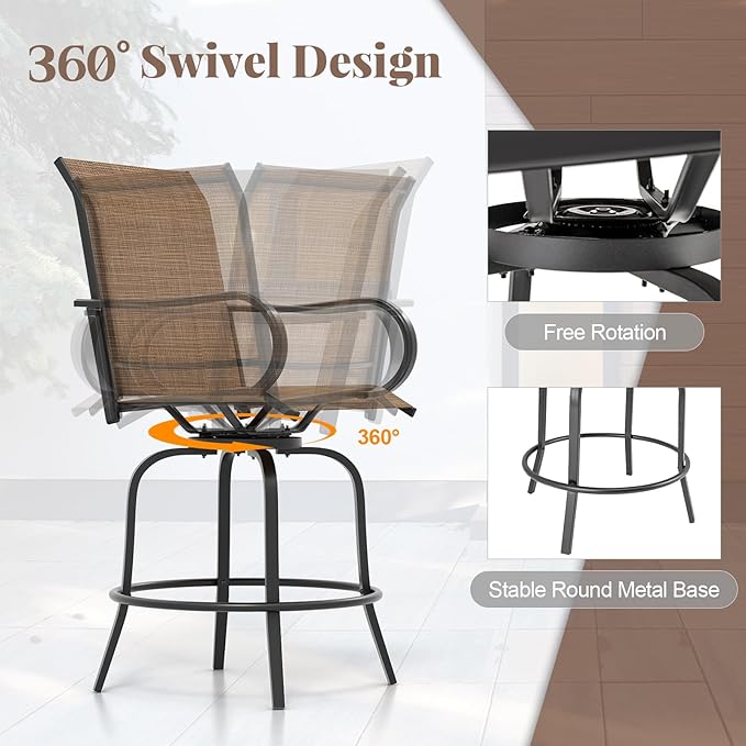 Giantex Set of 4 Swivel Outdoor Bar Stools, All-Weather Bar Height Patio Chairs, 330LBS Capacity, 360 Rotating Outside Bar Chairs with High Back Armrests, for Porch Yard Lawn Garden Pool (Brown)