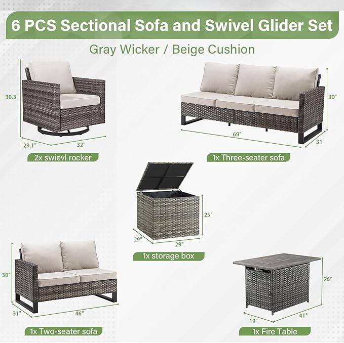 Belord 6-Piece Outdoor Sectional Furniture Set with 41” Fire Pit Table, 5-Seater Patio Furniture Set with Swivel Glider Chairs & Storage Box, 50000 BTU Propane Fire Pit Table, All-Weather PE Wicker