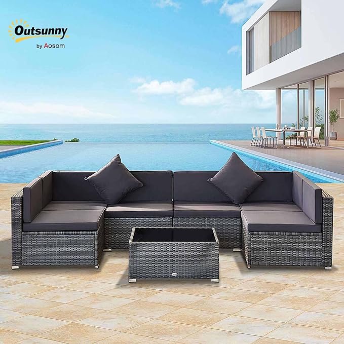 Outsunny 7-Piece Patio Furniture Sets Outdoor Wicker Conversation Sets All Weather PE Rattan Sectional Sofa Set with Cushions & Tempered Glass Desktop, Grey