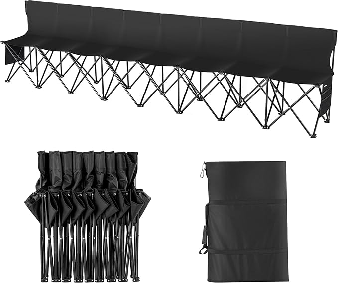 VEVOR Portable Folding Bench, 8 Seats Foldable Sideline Bench, Outdoor Camping Bench Chair with Carry Bag & Backrest, Team Sport Sideline Bench for Football Fishing, No Assembly Instant Seating, Black