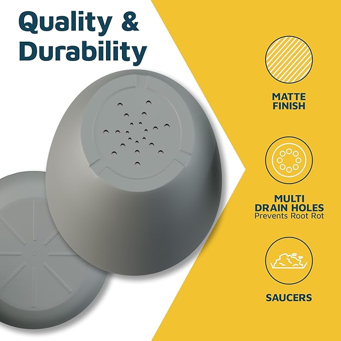 Gray Plant Pots with Drainage Holes & Saucers 15 Pack, Indoor & Outdoor Stackable Space-Saving Planters for Houseplants & Flowers, (7", 6.7", 6", 5.3", and 4.8" Inches), Durable & Weatherproof