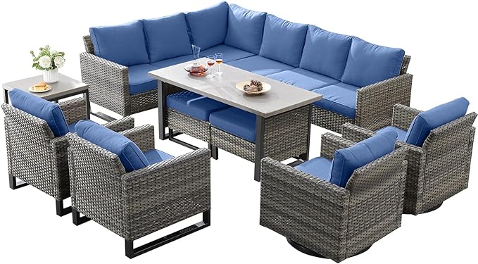 Belord Outdoor Sectional Furniture with Swivel Rocker Chair, 10 Pieces Wicker Patio Furniture Sets with Ottoman L Shaped Sofa Coffee Table Blue Cushion