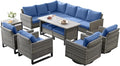 Belord Outdoor Sectional Furniture with Swivel Rocker Chair, 10 Pieces Wicker Patio Furniture Sets with Ottoman L Shaped Sofa Coffee Table Blue Cushion