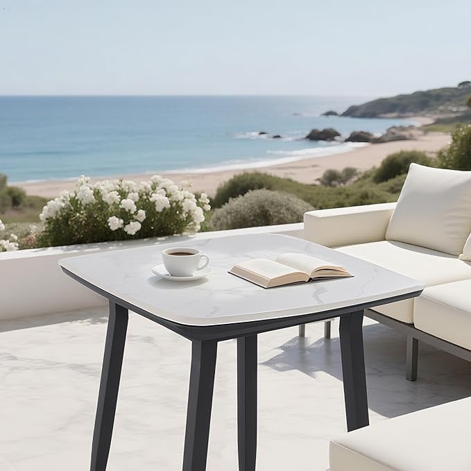 Modern 35.4'' Rounded Square Outdoor Bar Table, Greek White Marble-Inspired Sintered Stone Top, Umbrella Hole, Rust-Free Aluminum Frame, Ember Black, Weatherproof Table for Garden, Poolside