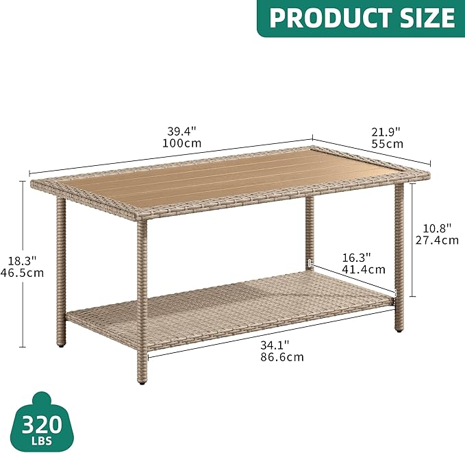 YITAHOME Outdoor Wicker Coffee Table with 2-Layer, 39.4" Rectangle Outside Side Table with Faux Wood Top, All-Weather Rattan Patio Bistro Table for Garden Backyard Porch - Brown