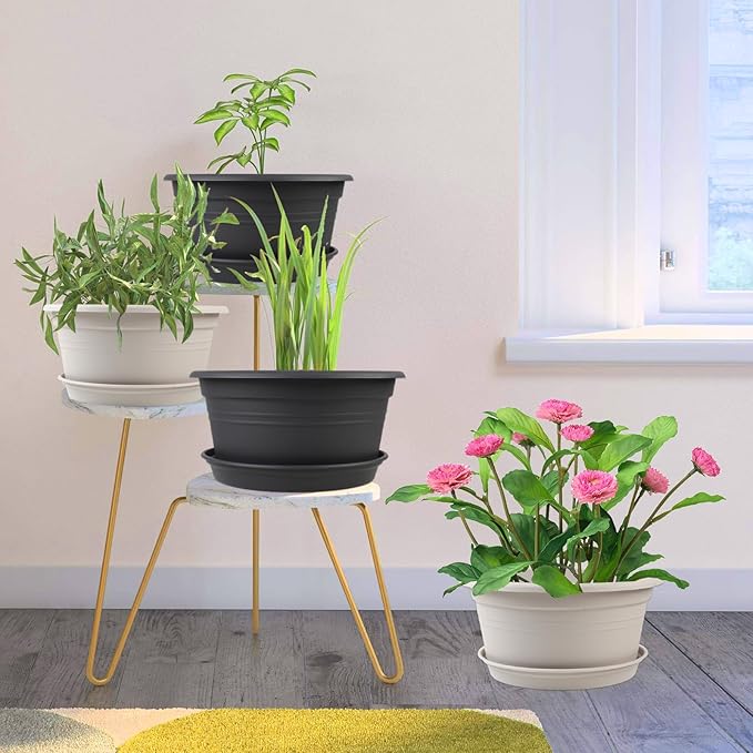 6 Pack 10 inch Plant Pot, Outdoor Pots for Plants with Drainage Hole & Tray Saucer, Round Plastic Plant Pot, Decoration Flower Pots for Indoor Plants Home Garden Outdoor Planters (Gray White)