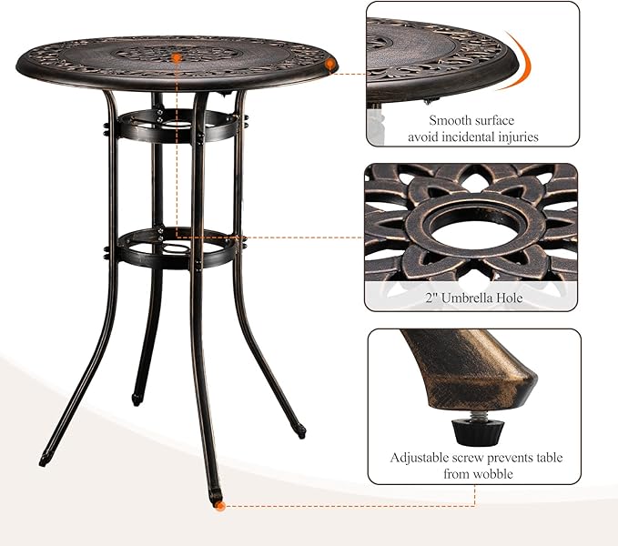 VINGLI Outdoor Bar Table, Cast Aluminum Bar Height Patio Table with Umbrella Hole, Patio Dining Table Tall Bistro Table Outdoor Furniture for Garden Porch Yard and Balcony 32" Dia x 41 H (Bronze)…