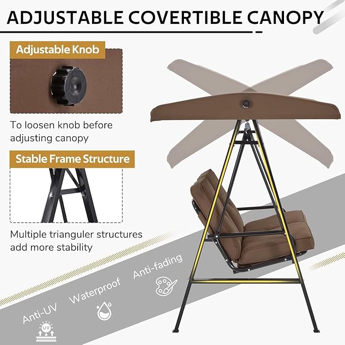 AECOJOY 2-Seat Outdoor Patio Swing Chair with Cover, Porch Swings Chairs for Adult, Outside Swing Bench with Adjustable Canopy&Removable Cushion, Brown
