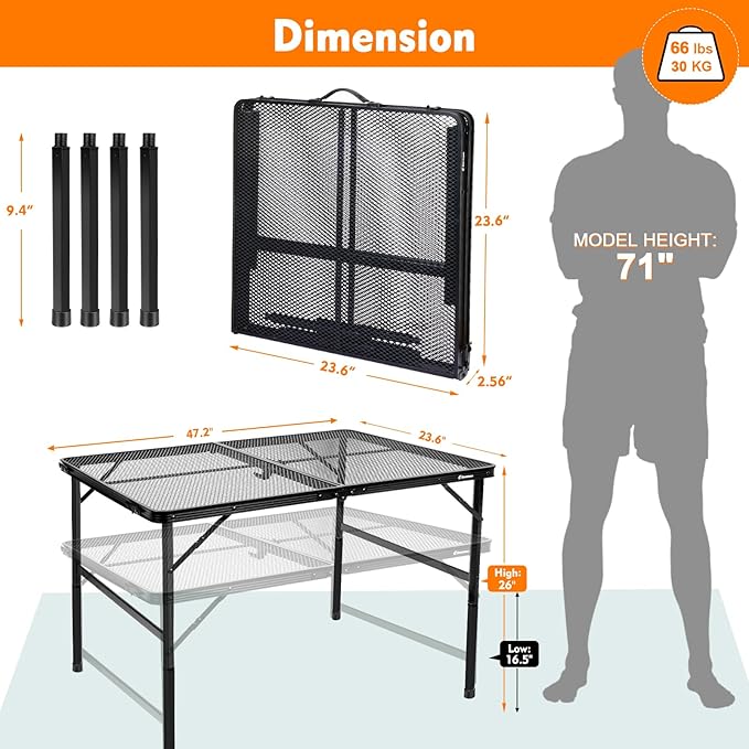 4 ft Folding Table with Metal Mesh Desktop, Grill Table Camping Table with Carry Handle,Adjustable Height (16.5" & 26"), Outdoor Table for Camp, Cooking, BBQ, RV, Picnic,Fits 4–8 People,Black