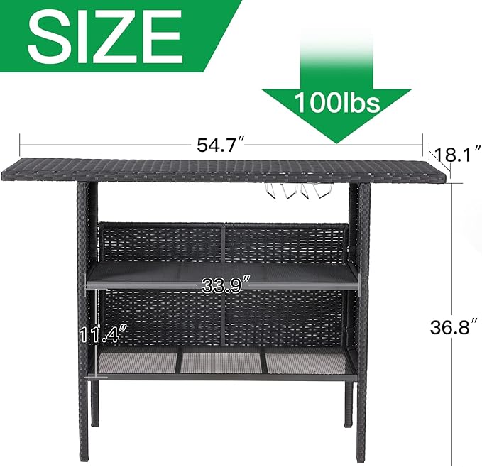 ECOTOUGE Black Wicker Bar Table, Outdoor Patio Console Table Serving Table, Mini Outdoor Bar Patio Counter with Steel Shelves & Hanging Wine Glasses, Ideal for Garden, Backyard