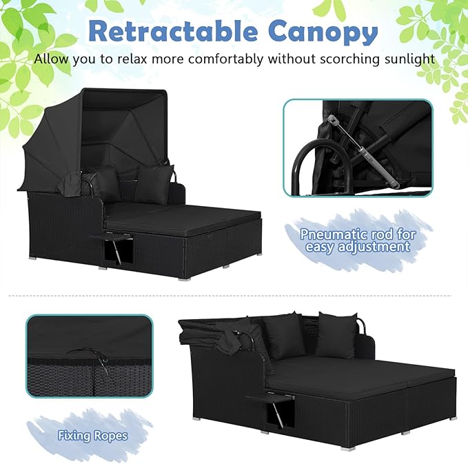 Moccha Outdoor Daybed with Retractable Canopy, Wicker Cabana with 2 Side Tables & Soft Cushions ,Hand-Woven PE Rattan Bed Lounger, Patio Sectional Furniture Set for Garden Backyard Porch (Black)