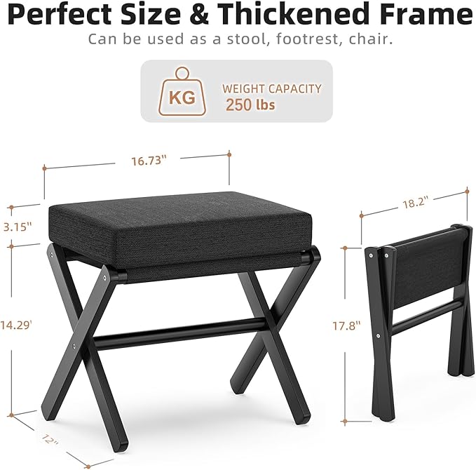 Foldable Foot Stool Ottoman, Small Padded Foot Rest with Bamboo X-Legs, Portable Folding Leg Rest for Living Room Bedroom Office, Soft Foam Cushion Step Stool for Couch & Armchair (Black)