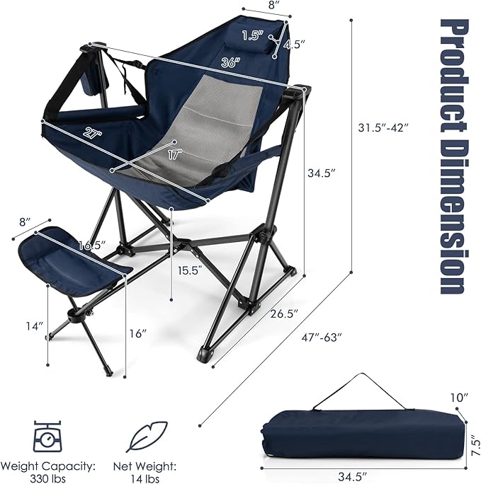 Tangkula Hammock Camping Chair, Portable Camp Chair with Retractable Footrest, Adjustable Back, Headrest, Cup Holder & Carry Bag, Outdoor Folding Lawn Chair for Camping, Fishing, Hiking