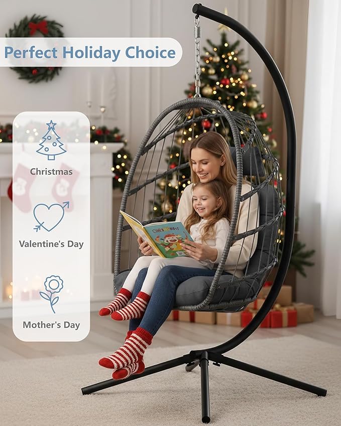 SWITTE Egg Chair Outdoor with Stand, Indoor Wicker Hanging Egg Swing Chair with Cushion, 350lbs Capacity for Patio, Bedroom, Garden - Dark Grey