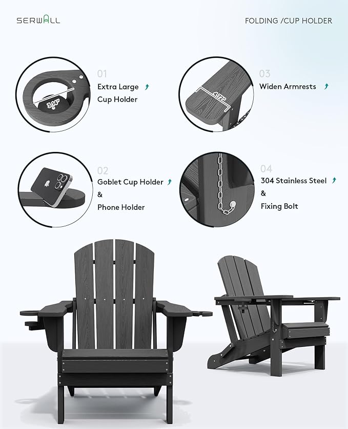 SERWALL Outdoor Round Coffee Table Set, 5-Piece Outdoor Coffee Table and Adirondack Chair with Cup Holders Gray