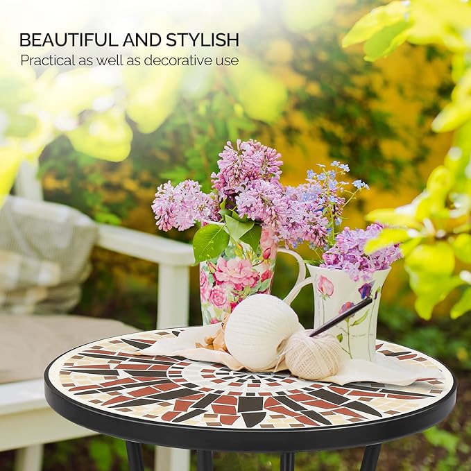 VINGLI Mosaic Outdoor Side Table, 14" Round End Table, Accent Table, Ceramic Tile Top Black Iron,Brown Flower