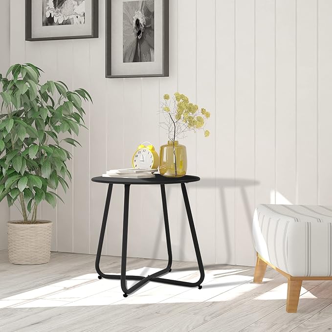Outdoor Table Small Patio Side Table, Round Metal Side Table, Weatherproof, Portable, Outdoor End for Garden, Balcony, Yard (Black)