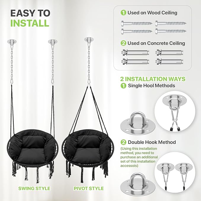 Magshion Hanging Hammock Chair with Cozy Full Cushion Offer Extra Support, Backyard Hanging Macrame Swing Chair for Porch, 350 Lbs Capacity, Comfortable Hammock for Relaxation and Enjoyment (Black)
