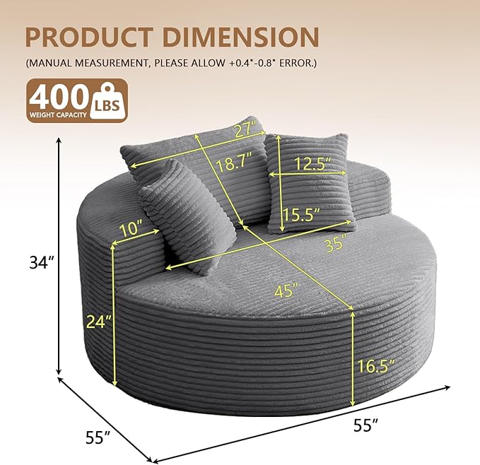 Oversized Round Chair Lounge Chaise Indoor, Upholstered Corduroy Deep Seat Cloud Large Circle Sofa Chair, No Assembly Required, Fluffy Modern Sleeper Sofa Bed for Reading, Living Room, Dark Gray