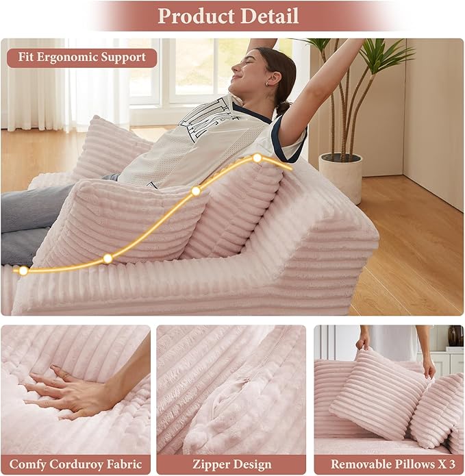 78.7" Chaise Lounge Chair Indoor, Oversized Boneless Couch Comfy Upholstered Sleeper Sofa Bed with 3 Pillows, Corduroy Cloud Reading Chair for Living Room No Assembly Required, Pink