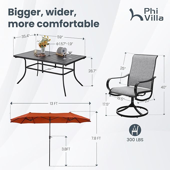 PHI VILLA 8 Piece Patio Dining Set with 13ft Patio Umbrella (Orange Red), 6 Outdoor Swivel Dining Chairs & 1 Large Metal Dining Table with 1.57" Umbrella Hole, for Deck Lawn Garden