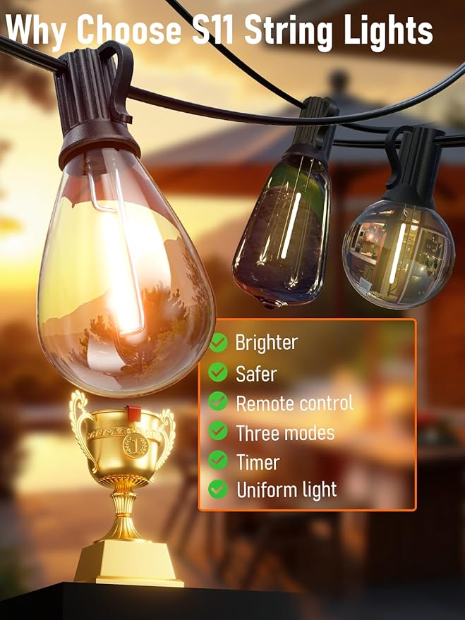 luckystyle 30FT LED Outdoor String Lights with Remote, 10+ 1 Shatterproof Bulbs Waterproof and Dimmable Patio Lights for Porch, Garden, Backyard, Deck, Balcony, 2200K Hanging Lighting