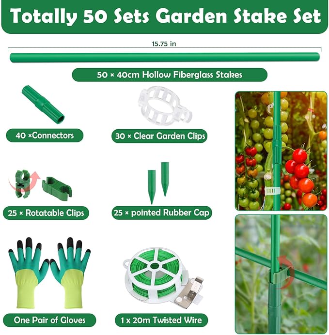 Cludoo 232PCS Garden Stakes Set with 70 Sets Fiberglass Plant Stakes Sticks Supports and Accessories, DIY 4ft 5ft 6ft 7ft Tomato Stakes for Tomato,Vegetables, Pepper, Fences Indoor Outdoor Plants