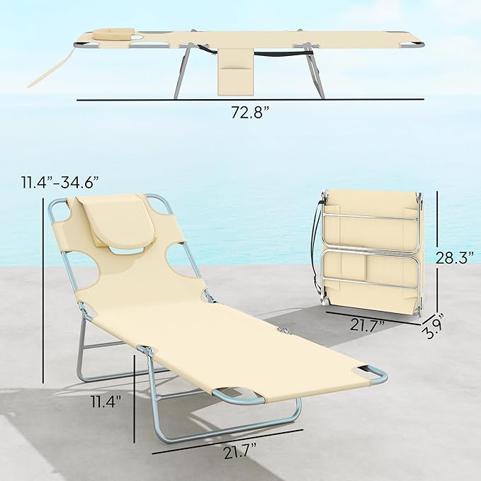 Outsunny Chaise Lounge Chair Outdoor Set of 2 with Face Arm Hole, 5-Position Reclining Face Down Tanning Chair with Carry Strap, Side Pocket, Portable Folding Bed Cot for Patio Beach Pool, Beige