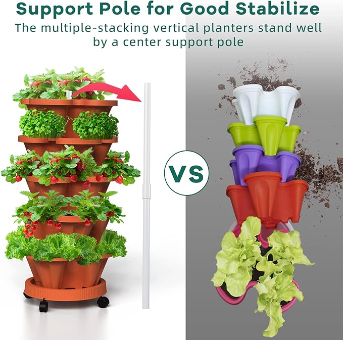 7 Tiered Strawberry Vertical Planter 2 Pack, Stackable Tower Garden Planter Herb Garden Planter with Movable Casters and Bottom Saucer Indoor and Outdoor - Terra Cotta