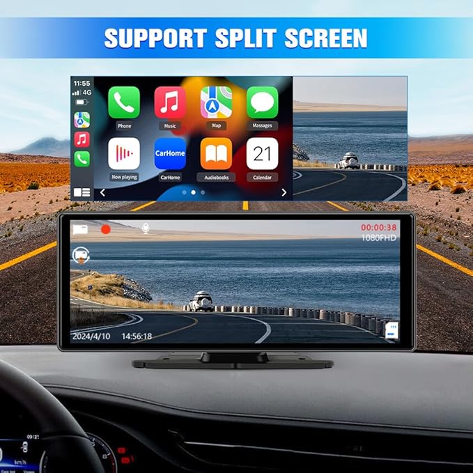 Portable Wireless CarPlay Screen for Car with 4K Dash Cam and 1080P Backup Camera, Car Stereo with 10.26”IPS Touch Screen, Support Carplay/Android Auto/GPS/Bluetooth/Mirror Link/AirPlay