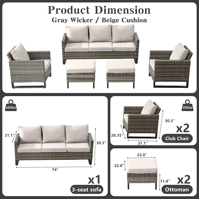 Belord Wicker Patio Furniture 5 Piece Outdoor Sofa Set, Oversize Outdoor Dining Chairs with Rattan Ottomans, Conversation Sets Patio Furniture Come with Removable Washable