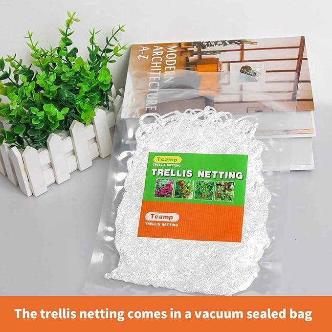 Tcamp Heavy-Duty Polyester Garden Trellis Netting Plant Climbing Net for Growing Vines Plants Vegetables Fruits Flowers, White Grow Tent (5Ft x15Ft, 3.5" Opening Mesh, 1 Pack)