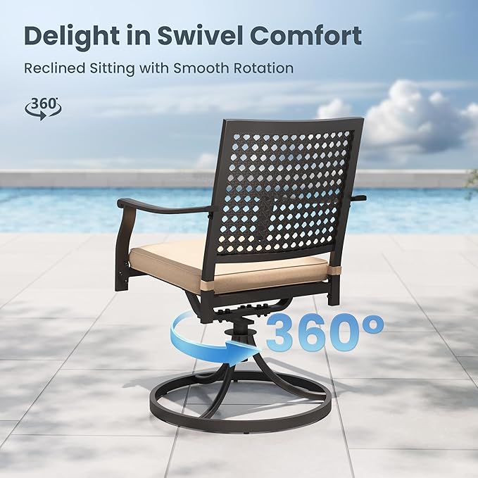 PHI VILLA 5 Pieces Outdoor Dining Set for 4 with 10ft Umbrella, 37" Metal Square Table & Swivel Wrought Iron Chair with Cushions & Blue Umbrella, Modern Furniture Set for Patio, Deck, Yard, Porch