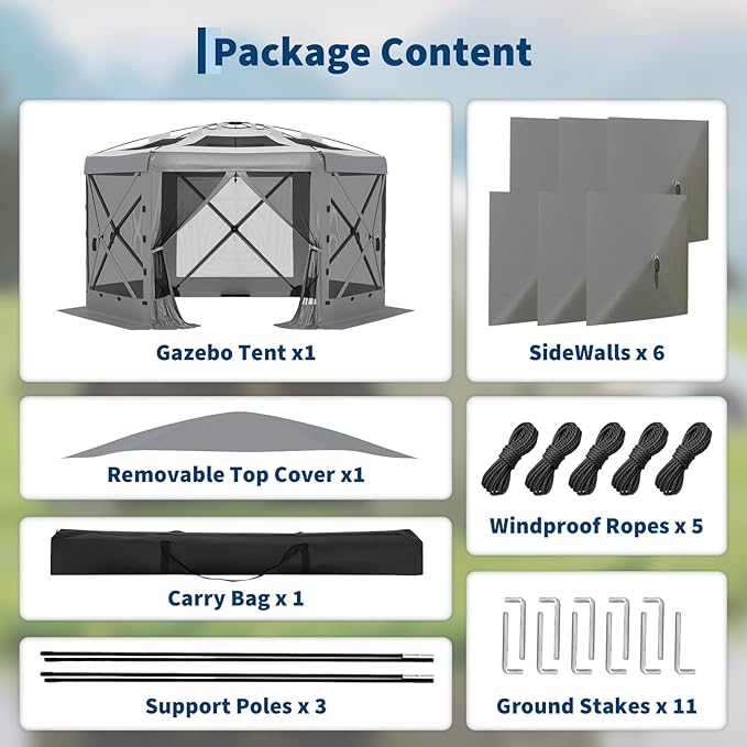11.5x11.5FT 6-Sided Pop Up Gazebo Tent，One-Push Setup Canopy Tent with Mesh Panels & Removable Wind Cloths, Outdoor shelter for Camping, Backyard Parties, Outdoor Events - Grey