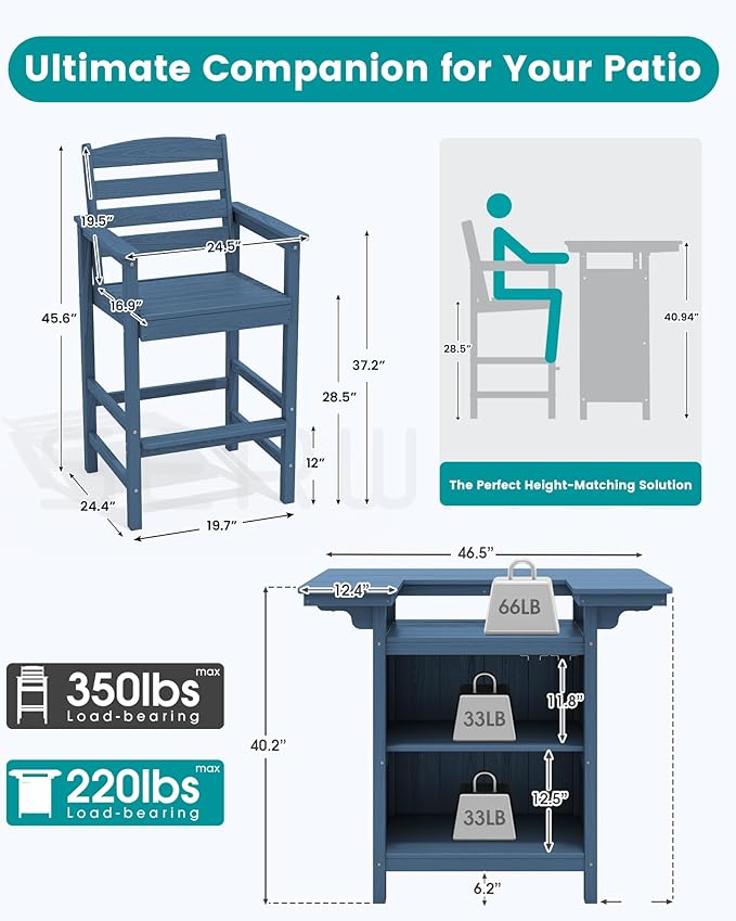 SERWALL Outdoor Bar Table Set (1 Table with 2 Chairs) – HDPE Blue Patio Bar Cabinet with 4-Tier Storage & Spacious Tabletop, Perfect for Outdoor, Poolside, Backyard