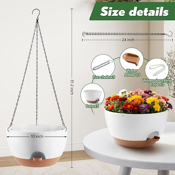 3-Piece Set of 10-Inch Hanging Planters with Automatic Watering System and Drip Tray, Includes Metal Chain, Suitable for Various Indoor and Outdoor Plants and Flowers, White-Brown