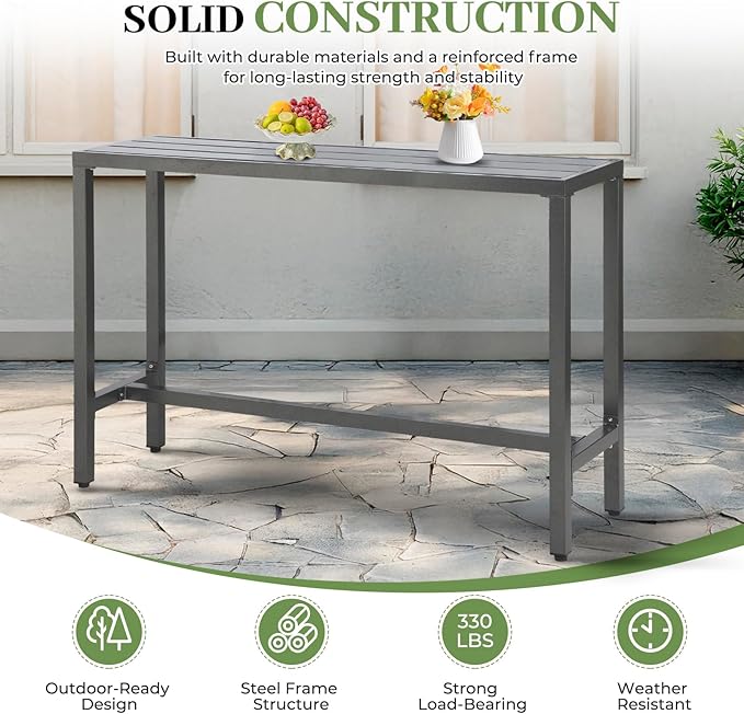 Outdoor Patio Counter Height Bar Table, 63" Rectangle for Patio, Garden, Yard, Balcony, Poolside (Grey)