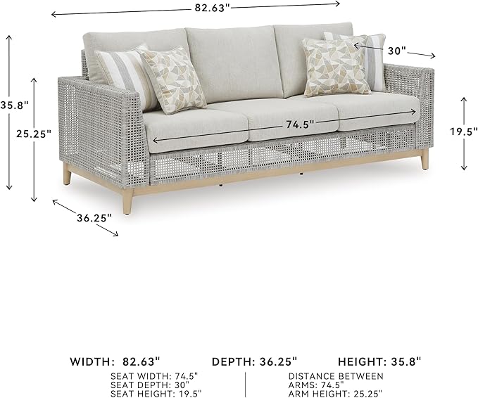 Signature Design by Ashley Seton Creek Cottage Nuvella Weather Resistant Fabric Outdoor Sofa with Cushion and 4 Throw Pillows, Light Brown & Light Gray