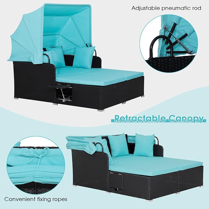 Moccha Outdoor Daybed with Retractable Canopy, Wicker Cabana with 2 Side Tables & Soft Cushions ,Hand-Woven PE Rattan Bed Lounger, Patio Sectional Furniture Set for Garden Backyard Porch (Turquoise)
