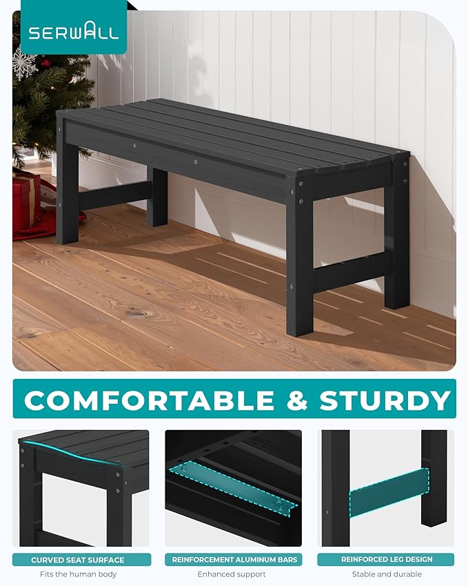 SERWALL 47 Inches Outdoor Bench Set of 2, All Weather HDPE Backless Bench with Wood Grain Texture for Garden Porch and Park, Curved Bench Seat for Comfort, Black