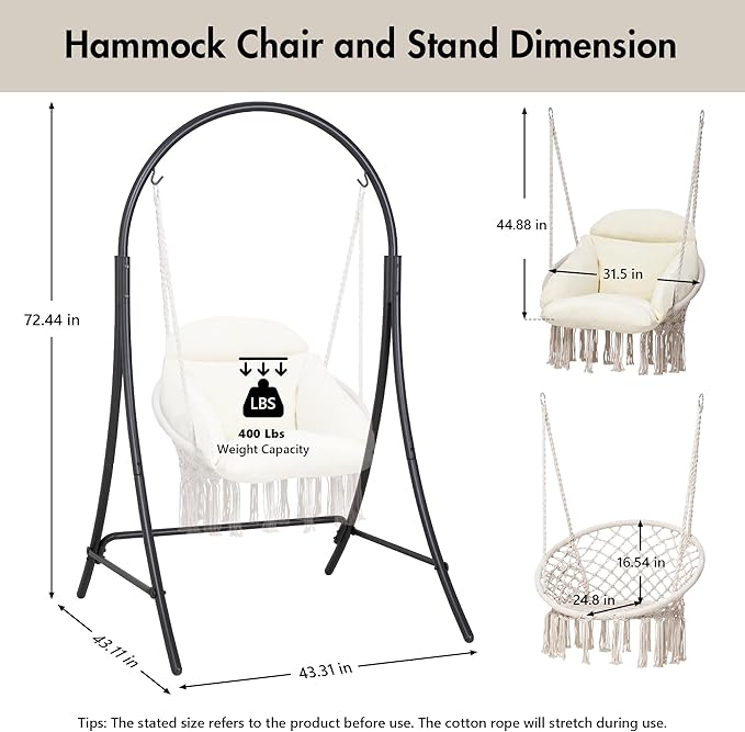 ANOW Macrame Hammock Chair with Stand, Heavy Duty Hanging Chair Stand with Swing Chair, Includes Luxury Padded Cushion, Max 400 Lbs, Natural
